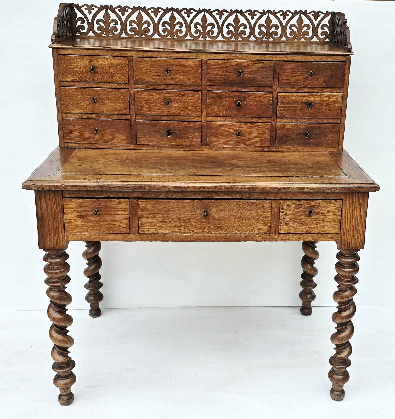 Antique French Oak Notaire's Desk With Bank Of Lockable Drawers & Carved Fretwork. photo Furniture
