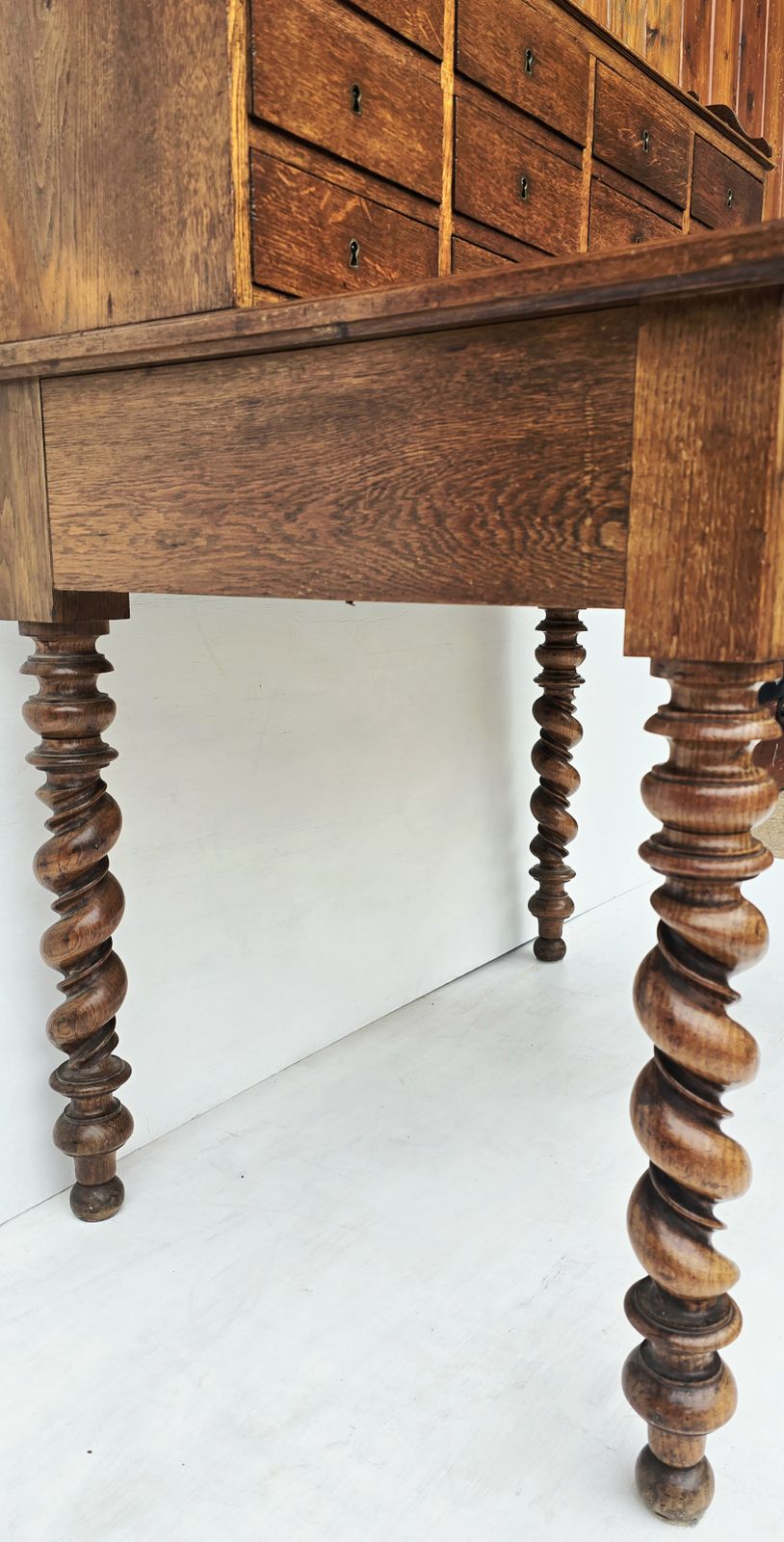 Antique French Oak Notaire's Desk With Bank Of Lockable Drawers & Carved Fretwork. photo 995.0