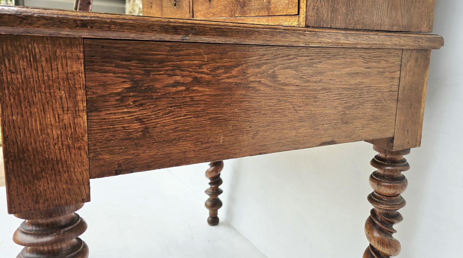 photo for sale Antique French Oak Notaire's Desk With Bank Of Lockable Drawers & Carved Fretwork.