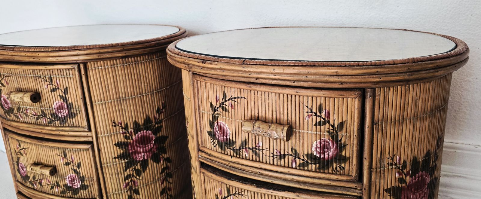 photo furniture A Pair Of French Or Italian Painted Rattan Bedside Tables, Bedroom Set.