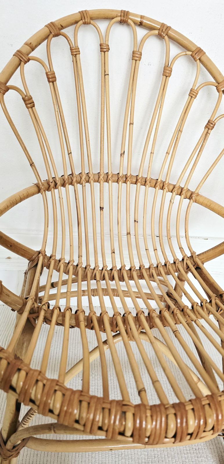 photo for sale A Pair Of Mid Century French Bamboo Clam Shell Chairs, Riviera.