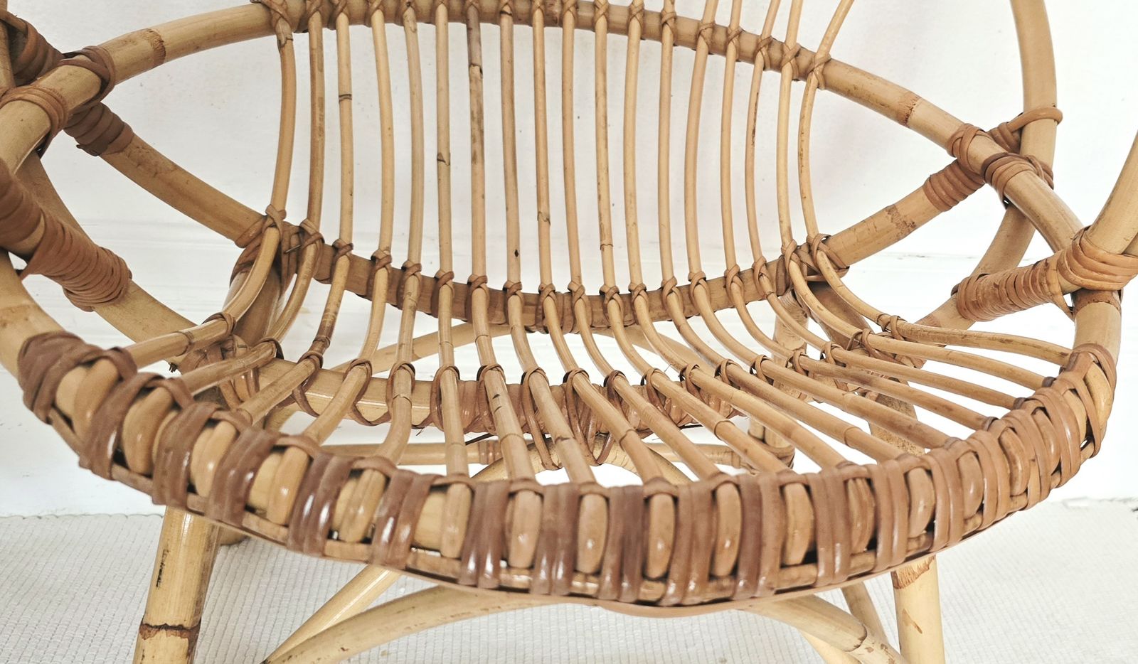 Furniture A Pair Of Mid Century French Bamboo Clam Shell Chairs, Riviera. photo