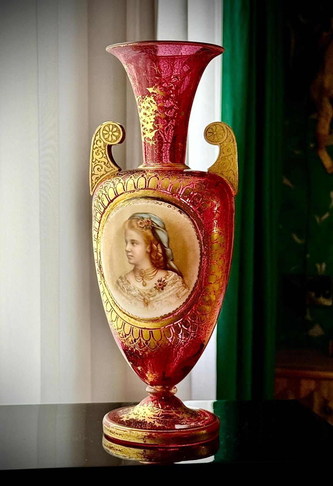 19th Century Bohemian Ruby Glass Urn Vase, Attributed Moser, Hand Painted Portrait, C.1880 photo for sale