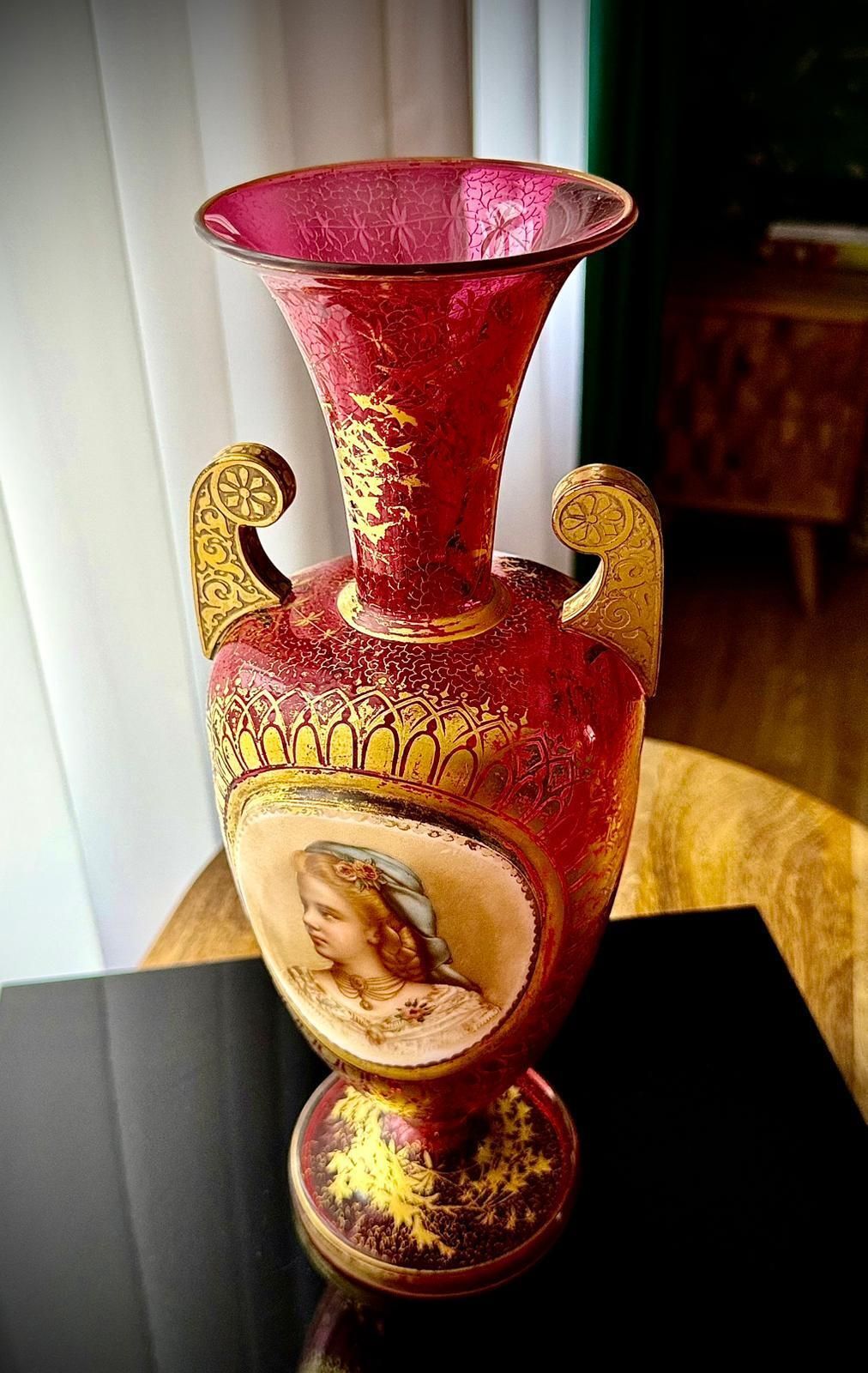 19th Century Bohemian Ruby Glass Urn Vase, Attributed Moser, Hand Painted Portrait, C.1880 photo 625.0