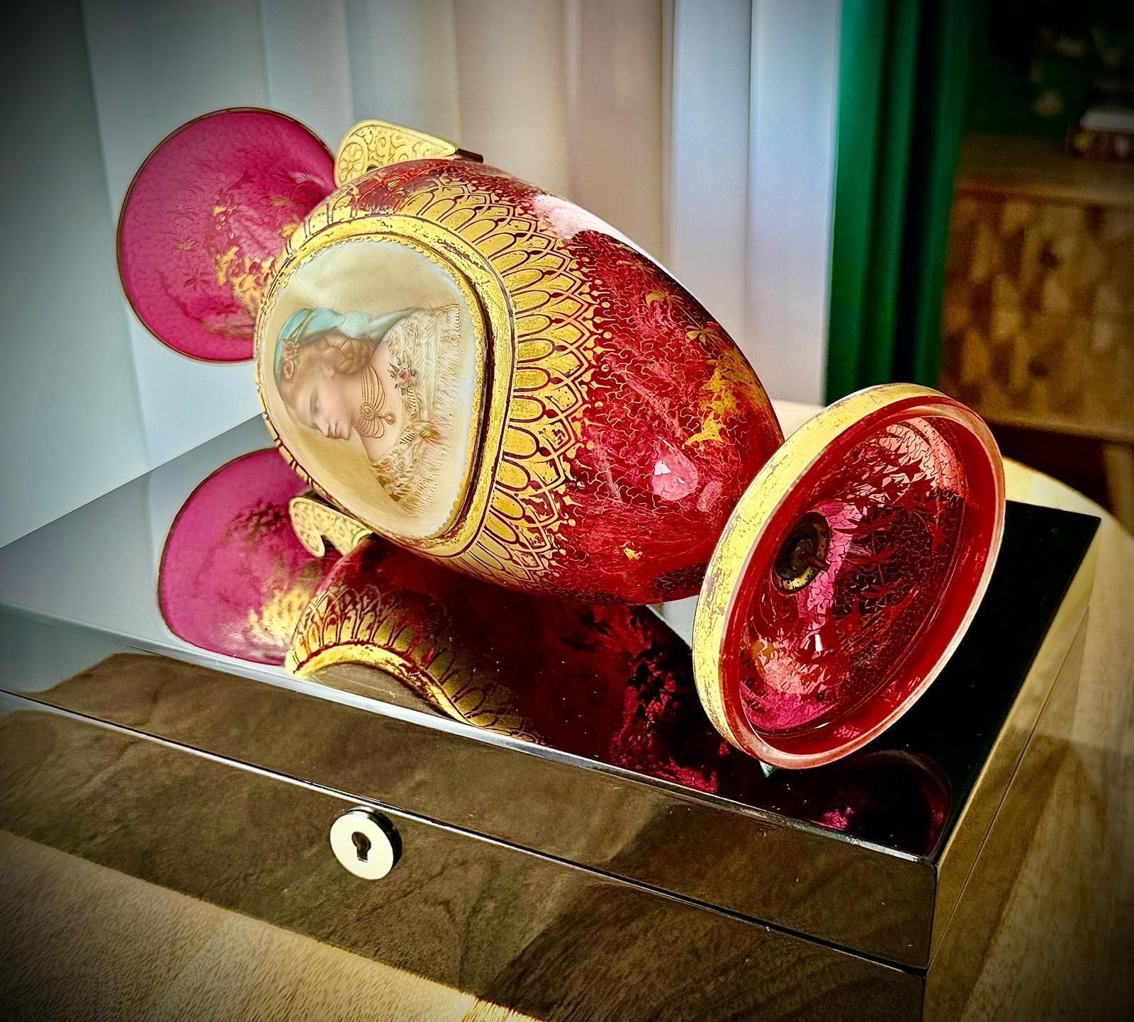 19th Century Bohemian Ruby Glass Urn Vase, Attributed Moser, Hand Painted Portrait, C.1880 photo buy