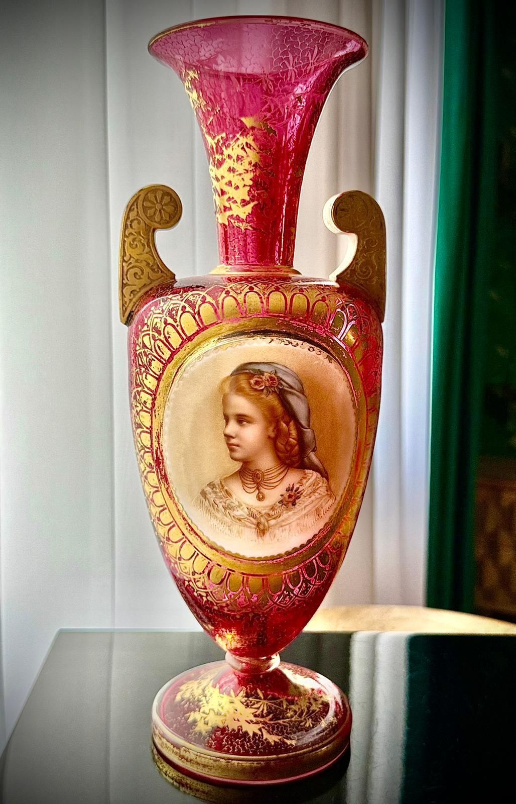 19th Century Bohemian Ruby Glass Urn Vase, Attributed Moser, Hand Painted Portrait, C.1880