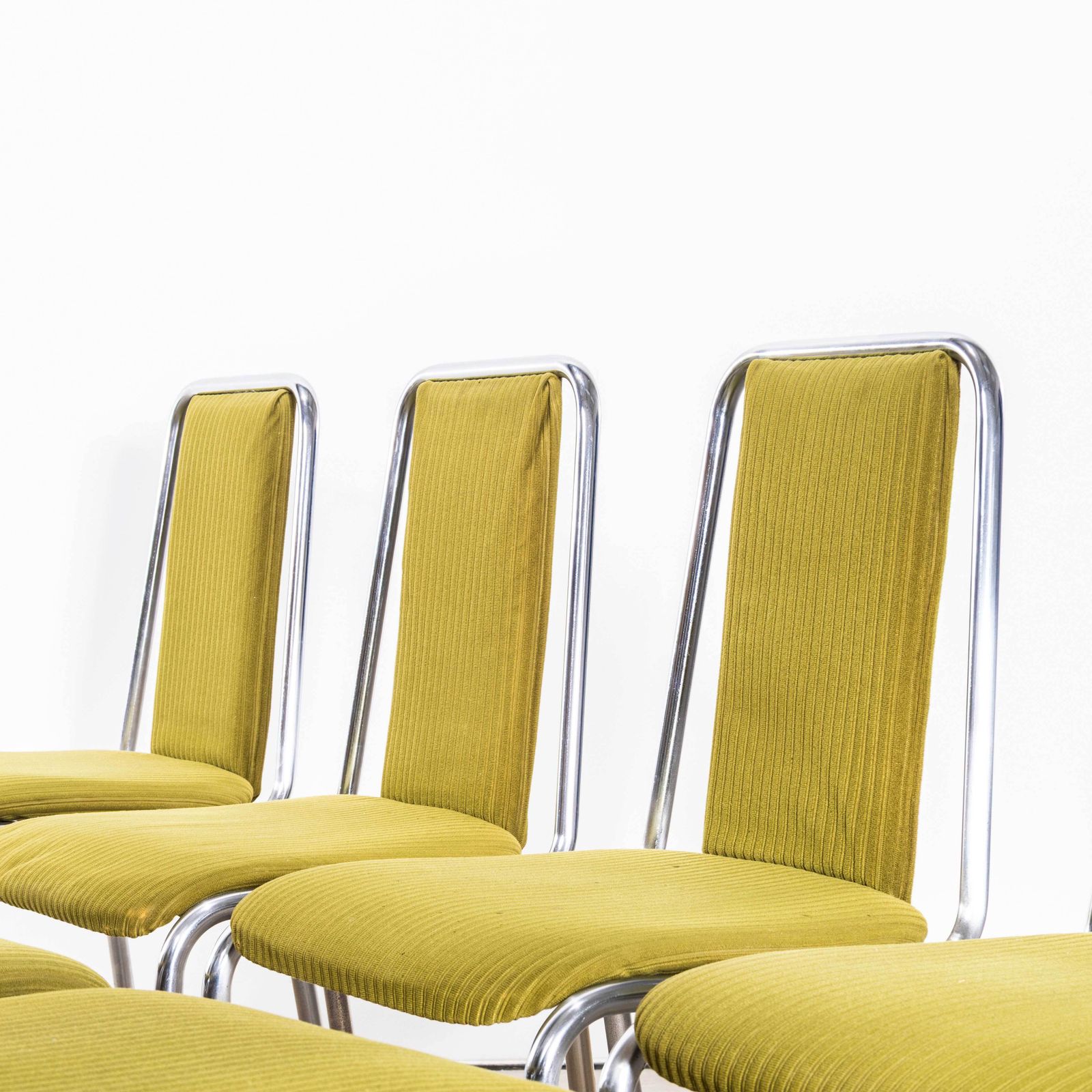 1980’s Olive Green Upholstered Chrome Framed Stacking Dining Chairs – Set Of Eight photo for sale