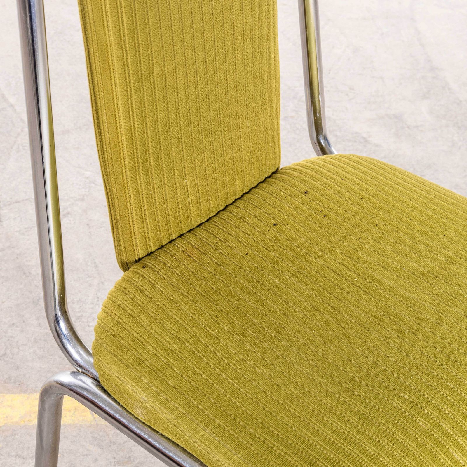 Furniture 1980’s Olive Green Upholstered Chrome Framed Stacking Dining Chairs – Set Of Eight photo