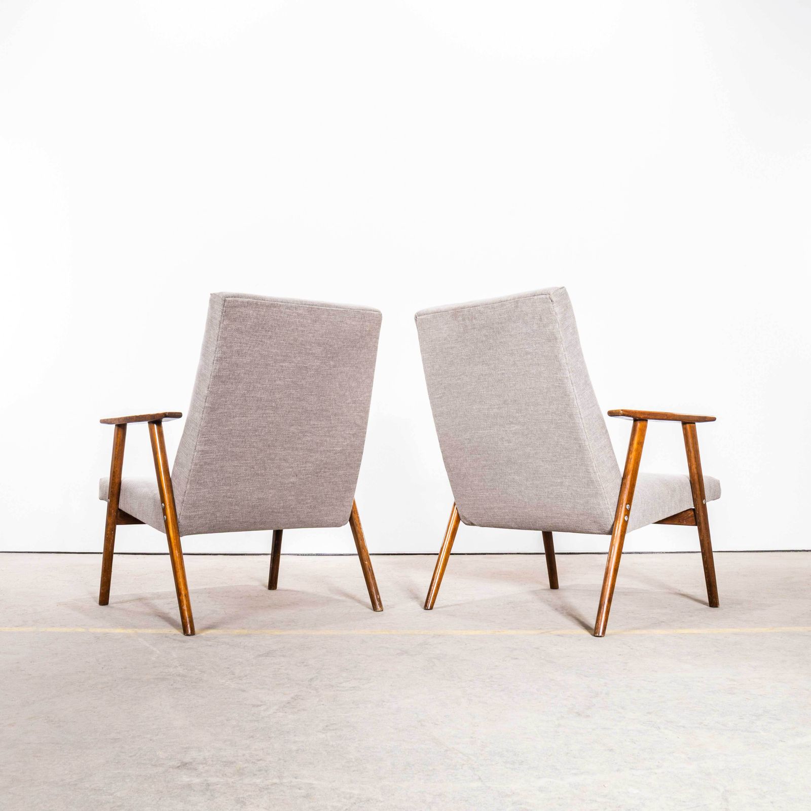 1950’s Mid Century Upholstered Armchairs With Straight Arms And Top Caps In Grey Brushed Cotton photo vinterior
