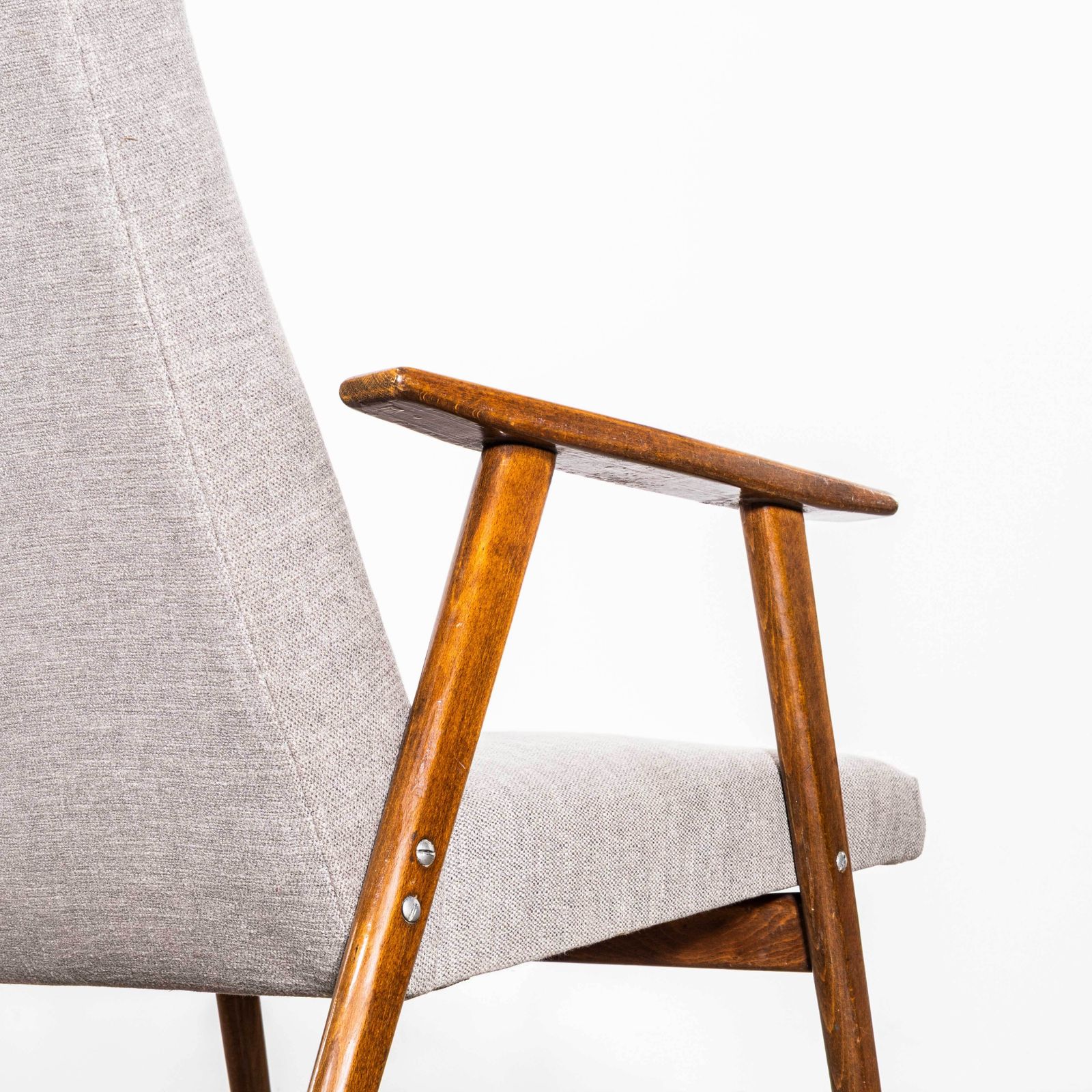 1950’s Mid Century Upholstered Armchairs With Straight Arms And Top Caps In Grey Brushed Cotton photo vintage