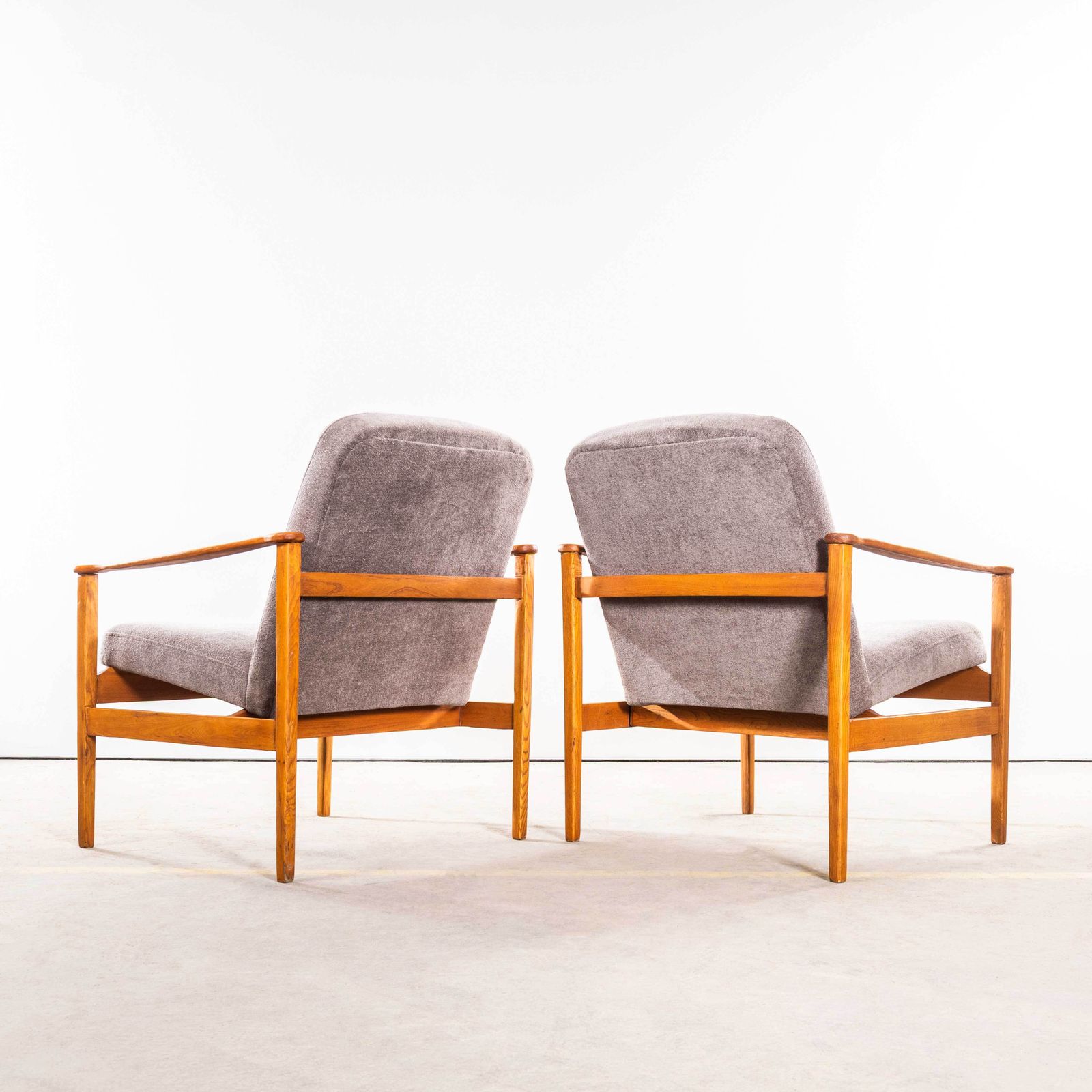 1950’s Mid Century Upholstered Grey Brushed Cotton Armchairs With Straight Arms And Top Caps photo vinterior