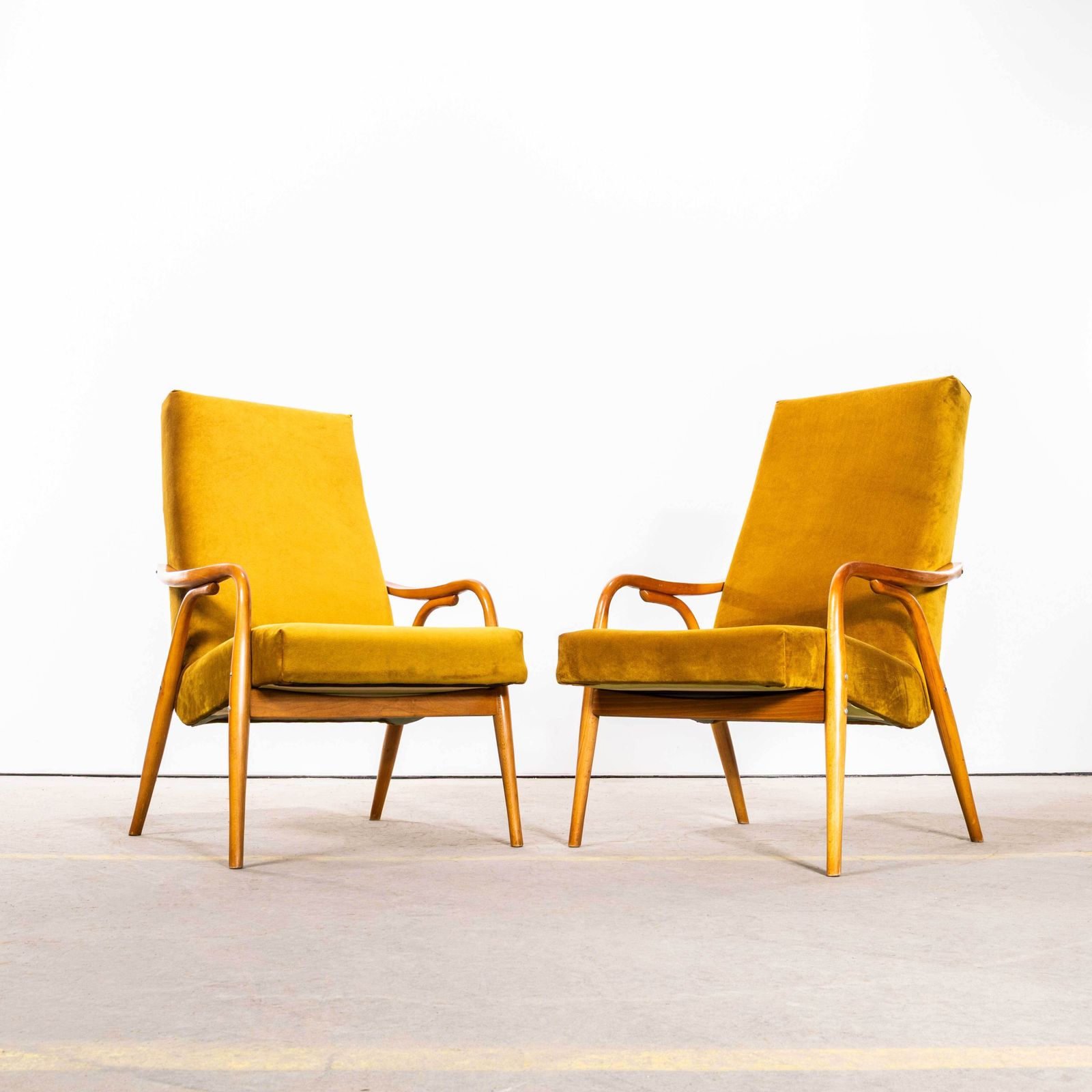 1950’s Mid Century Upholstered Mustard Cotton Velvet Armchairs With Straight Arms And Top Caps photo for sale