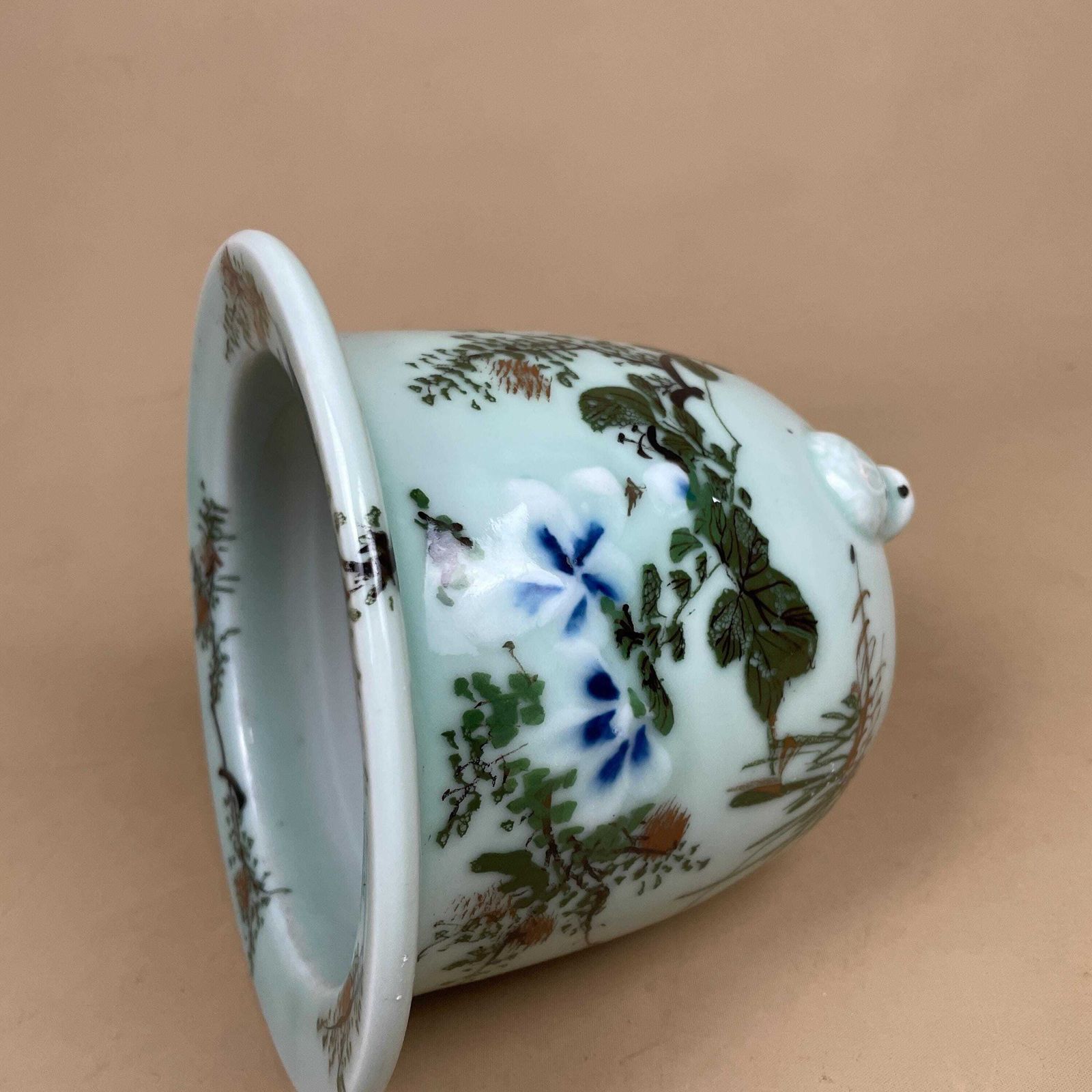 Oriental Celadon Jardiniere Hand Painted Ceramic Pot Planter Chinese Antique Cache Decorative Vase Flowerpot Display Asian Floral Feet photo vintage