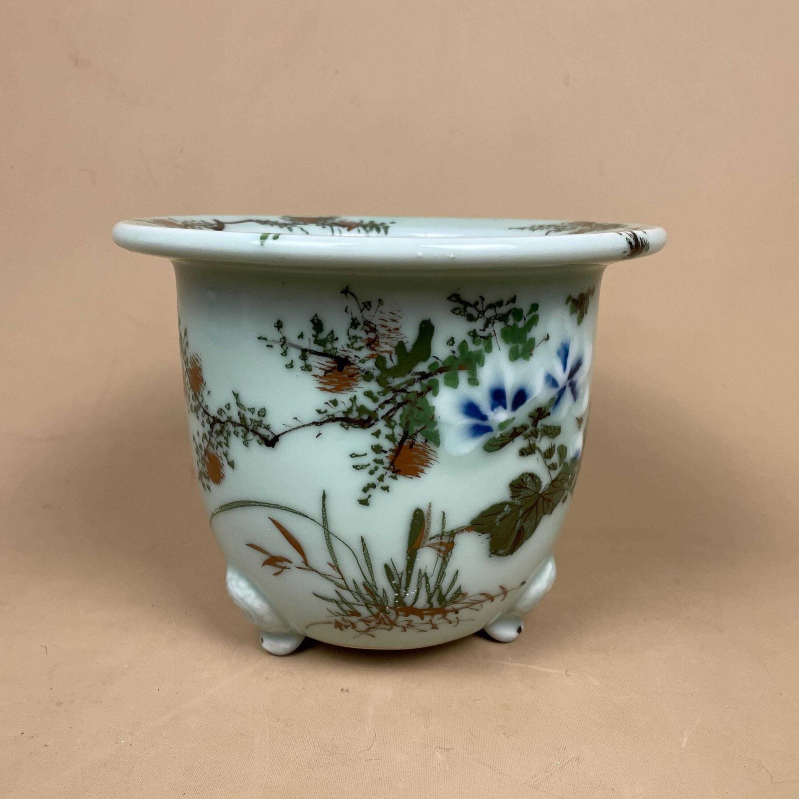 photo for sale Oriental Celadon Jardiniere Hand Painted Ceramic Pot Planter Chinese Antique Cache Decorative Vase Flowerpot Display Asian Floral Feet