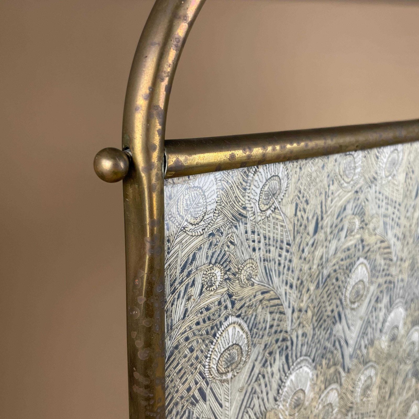 photo for sale Brass Art Nouveau Fire Screen Fireguard Peacock Feather Pattern Gold Brass Metal Frame Glass Fabric Antique Fire Guard Vintage