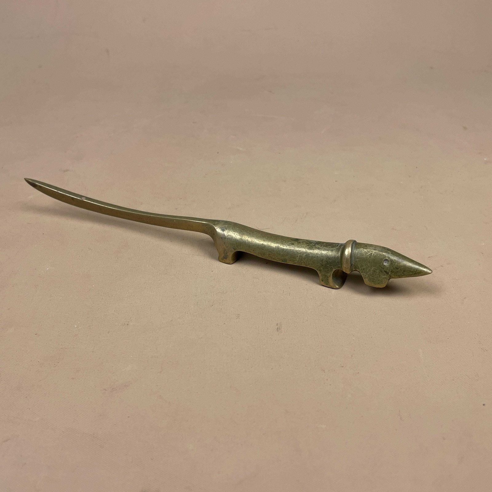 Mid Century Dachshund Letter Opener Metal Sausage Dog Walter Bosse Brass Gold Sculpture Ornament 1960's Stationary Collectable Desk Top photo furniture