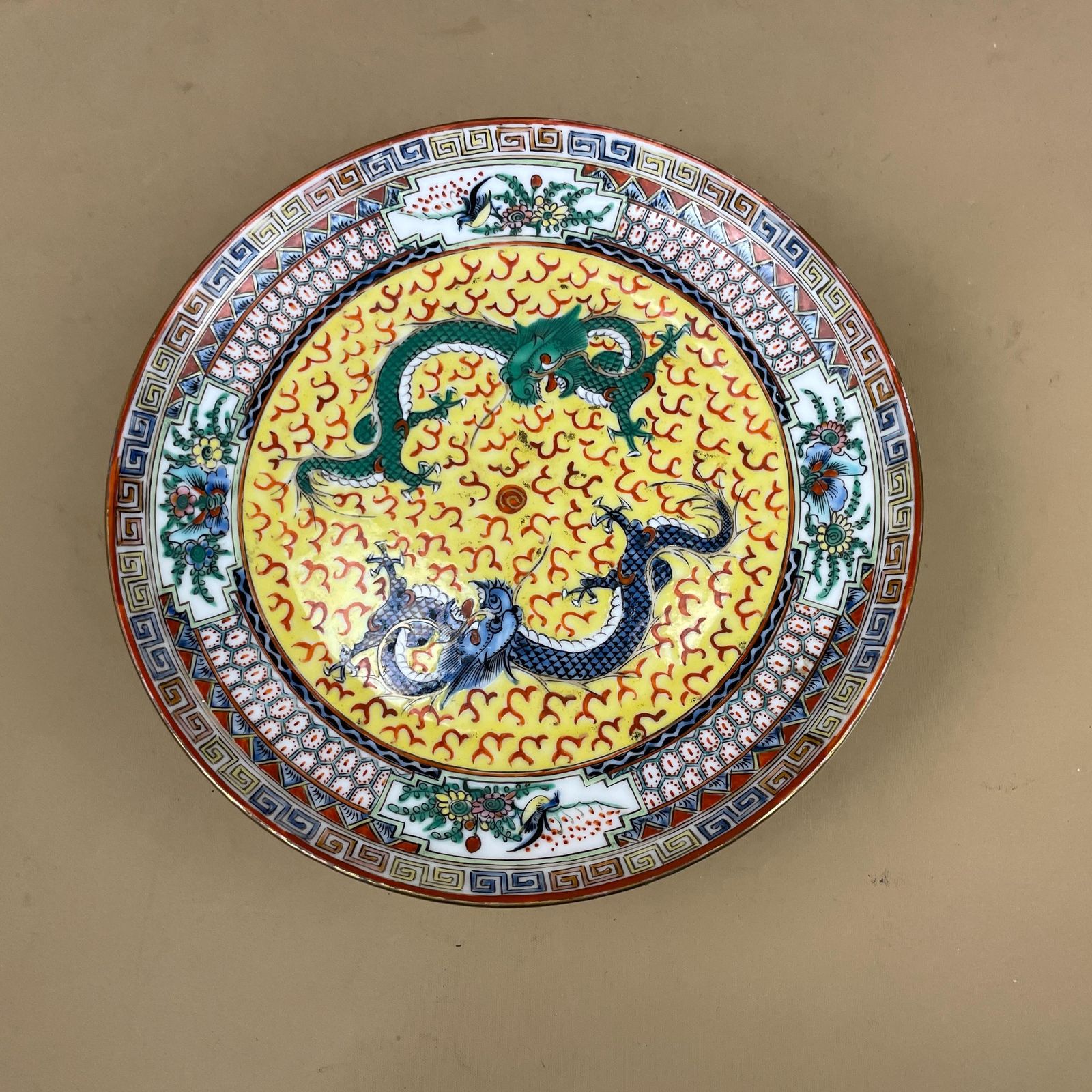 Antique Oriental Ceramic Hand Painted Pedestal Bowl On A Stand Plate Chinese Decorative Asian Round Porcelain 22cm Dish Display Dragon photo furniture