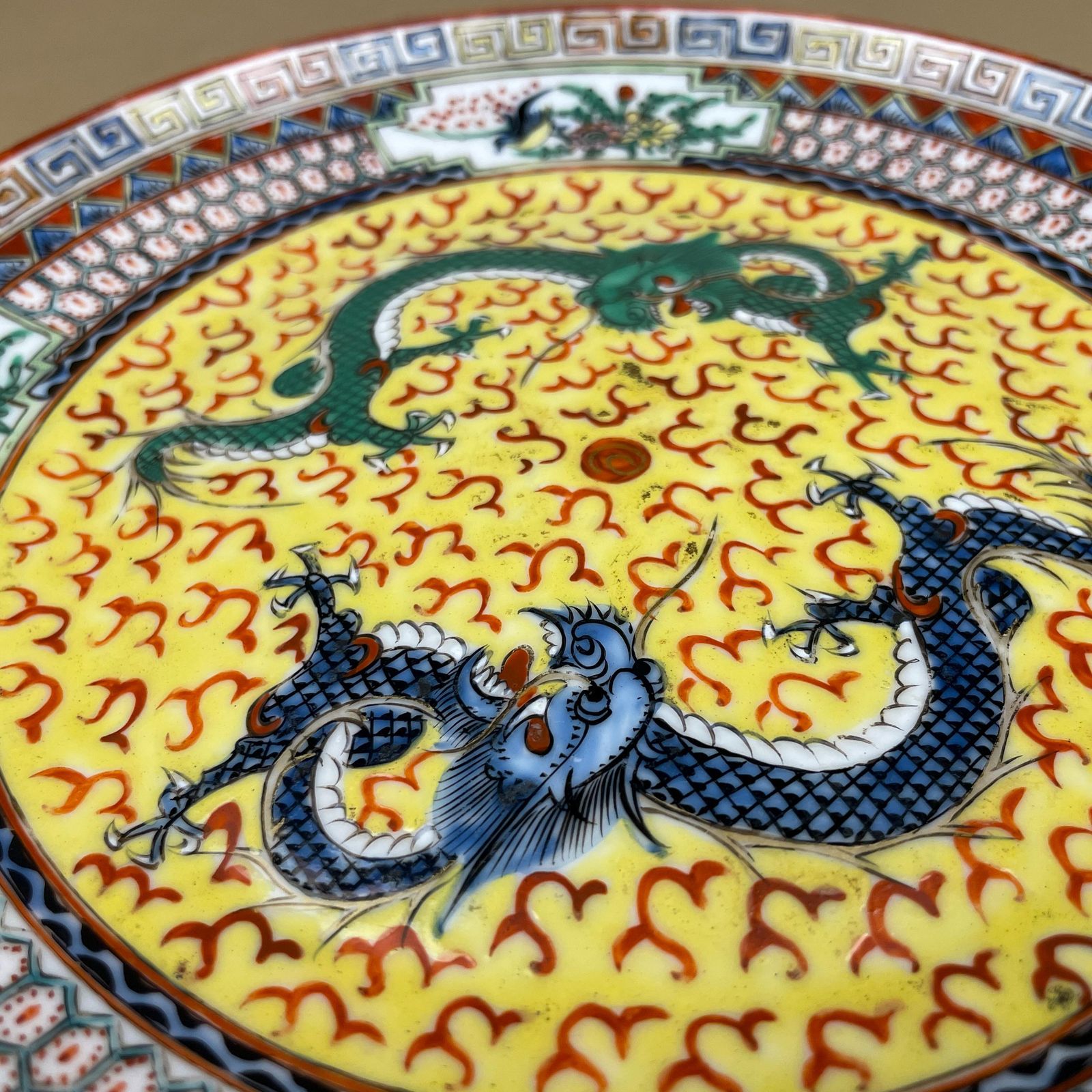 Antique Oriental Ceramic Hand Painted Pedestal Bowl On A Stand Plate Chinese Decorative Asian Round Porcelain 22cm Dish Display Dragon photo buy
