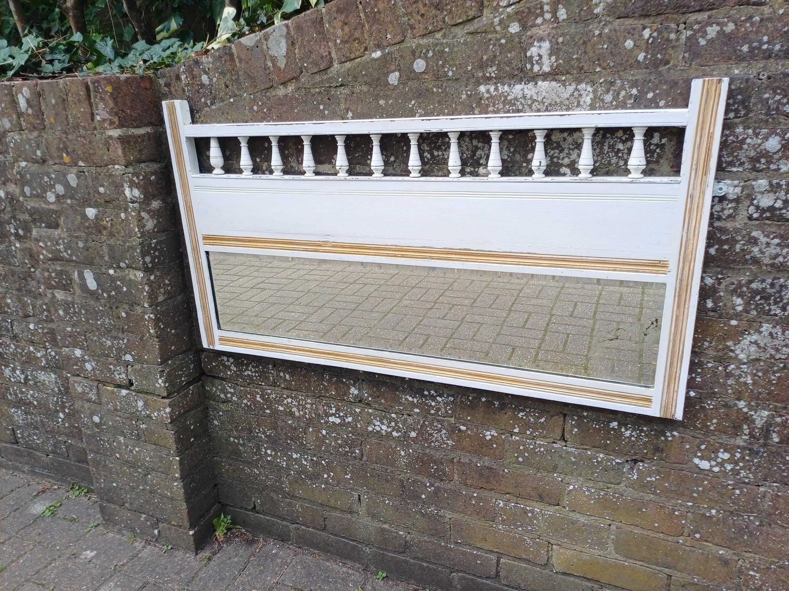 Antique Over Mantel Mirror Hand Painted Mahogany White Gold Distressed Bevelled Glass Farrow And Ball