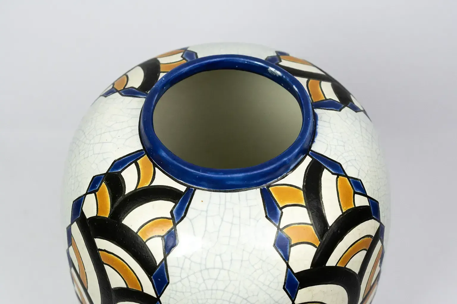 410.0 Art Deco Vase From The Nimy Pottery Factory — Crackled Earthenware, Geometric Decoration, Belgium Circa 1940 photo