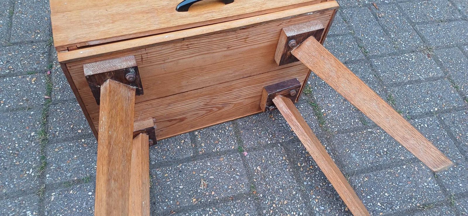 Vintage Mid Century Modern Solid Oak Sewing Box Table With Rare Sliding Top And Splayed Legs Retro Storage Cabinet Craft Organiser photo vinterior