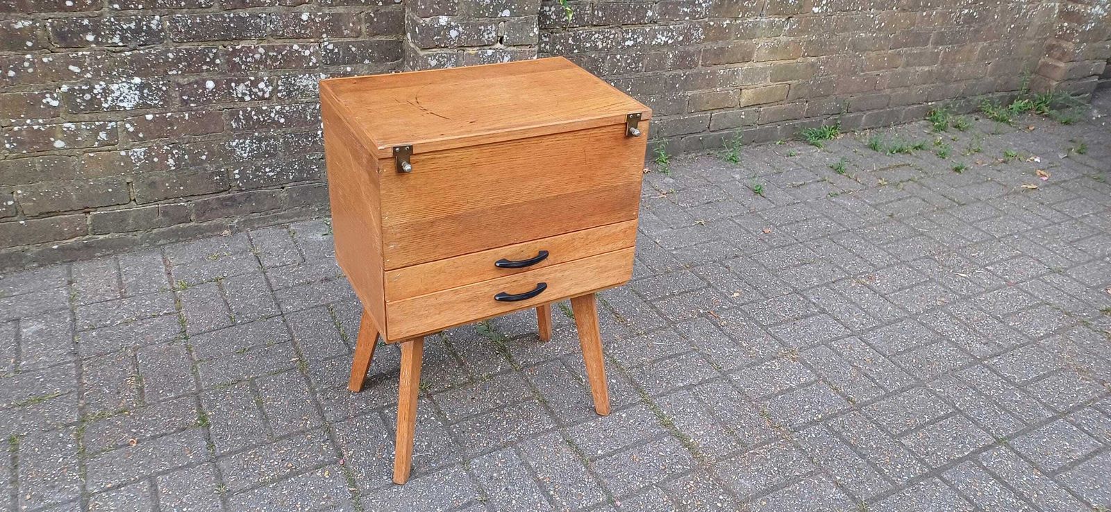 photo for sale Vintage Mid Century Modern Solid Oak Sewing Box Table With Rare Sliding Top And Splayed Legs Retro Storage Cabinet Craft Organiser