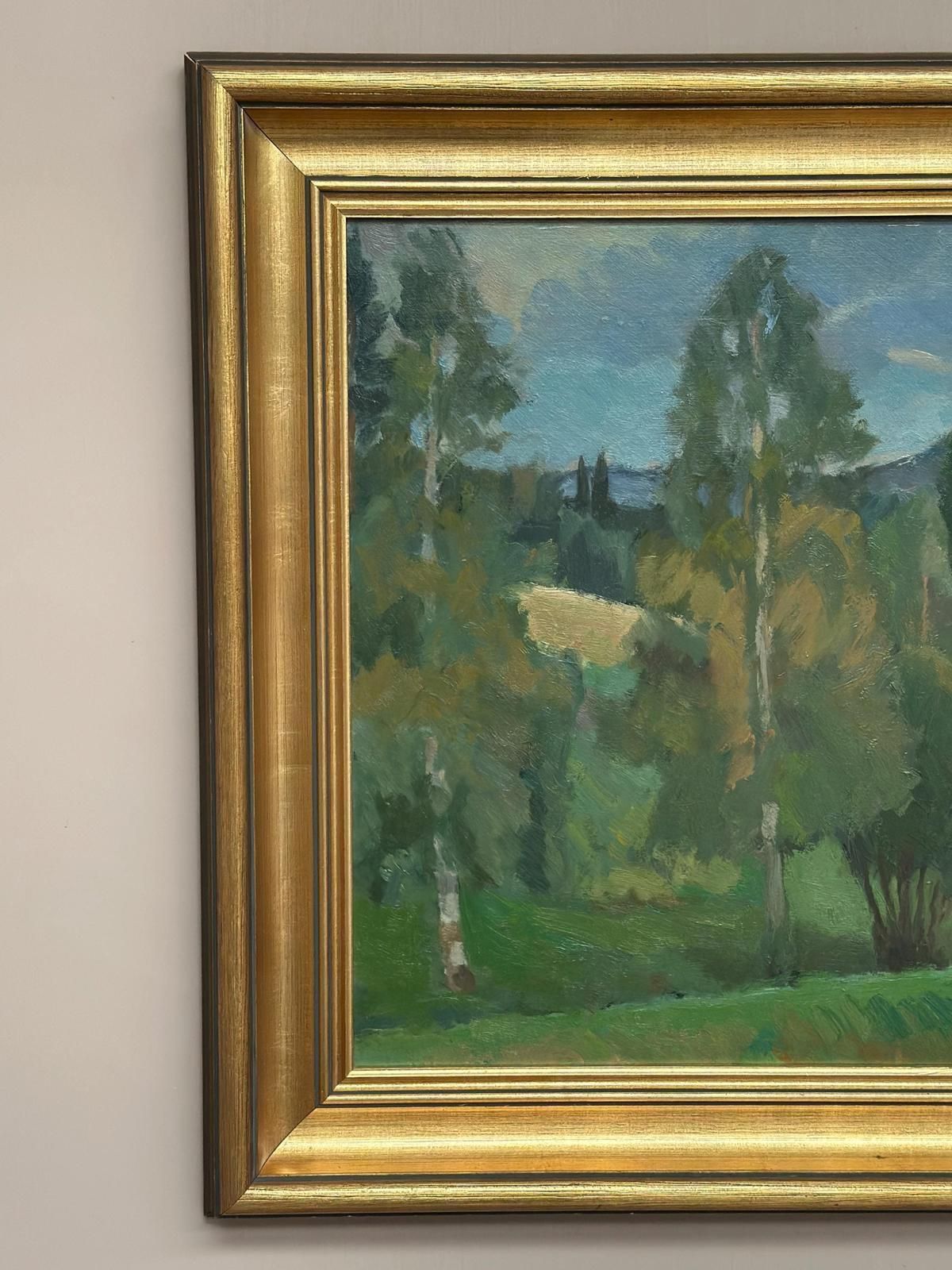 photo for sale Original Swedish Oil On Panel – “Lush Landscape” By Olof Larsson – Vintage & Framed – 78 × 61 Cm (30.7" × 24")