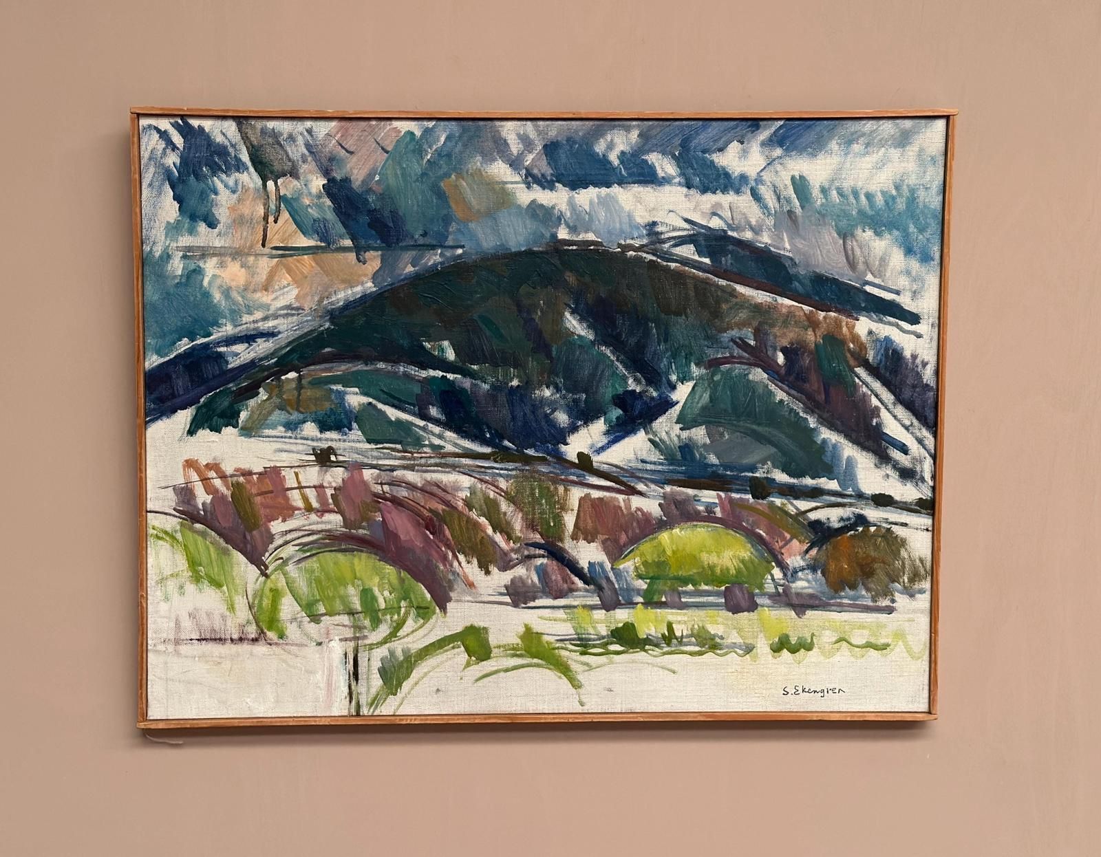 Art Original Mid Century Swedish Oil On Canvas – “Serene Landscape” By Sture Ekengren – Vintage & Framed – 62 × 48 Cm (24.4" × 18.9") photo