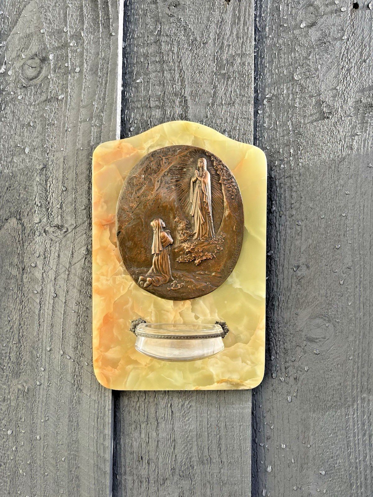 Antique Lady Of Lourdes Apparition Signed Bronze Holy Water Catholic Church Font photo furniture