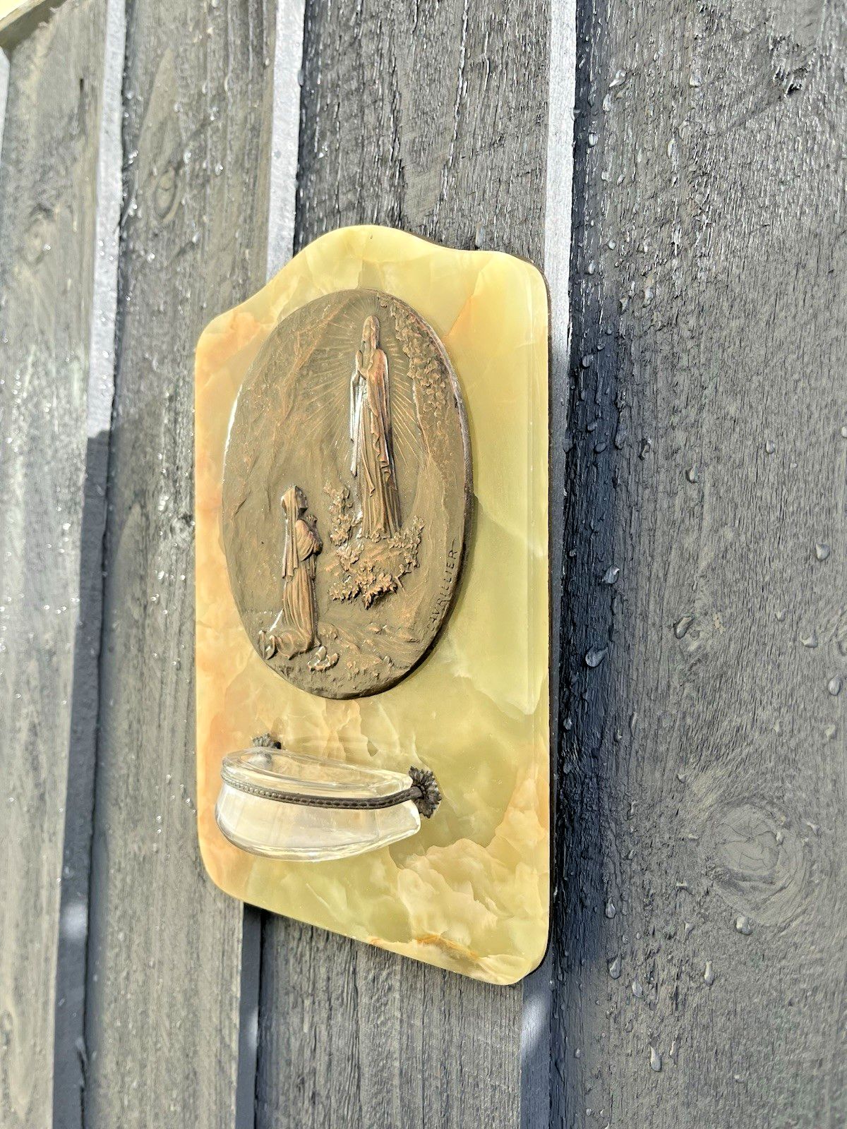 Antique Lady Of Lourdes Apparition Signed Bronze Holy Water Catholic Church Font photo for sale