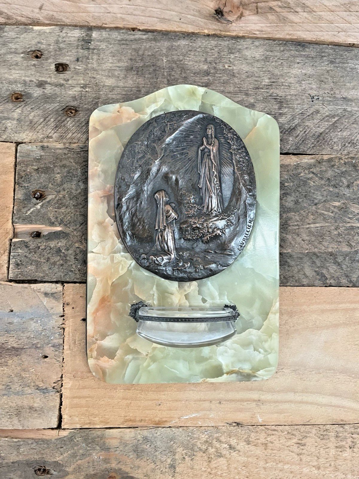 photo buy Antique Lady Of Lourdes Apparition Signed Bronze Holy Water Catholic Church Font