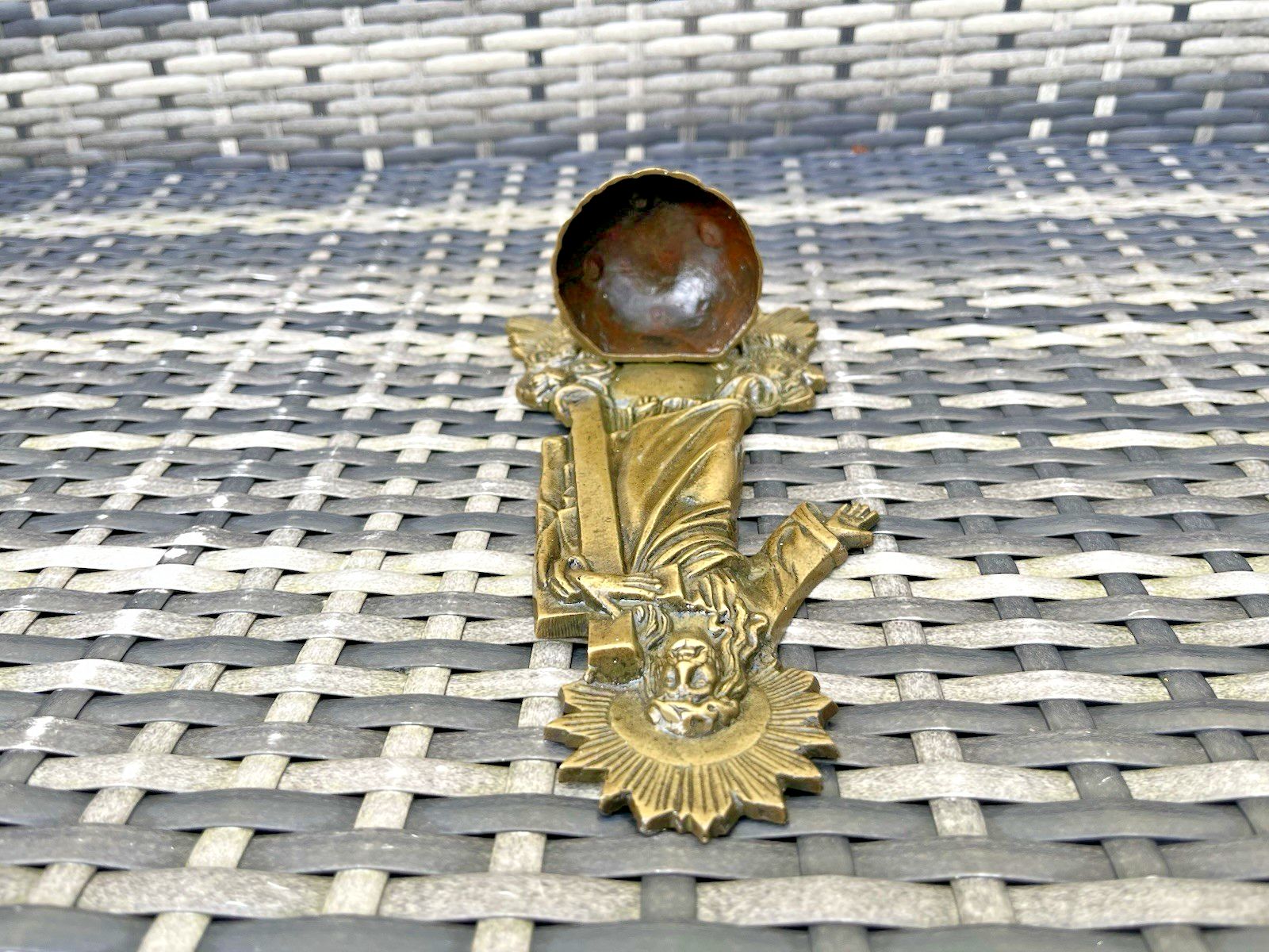 photo for sale Antique French Art Deco Brass Holy Water Catholic Church Font Jesus Cross Angels
