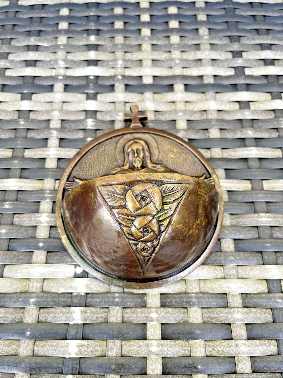 Art Deco Bronze Jesus Sacred Heart Holy Water Catholic Church Font Signed Hoffer photo Art