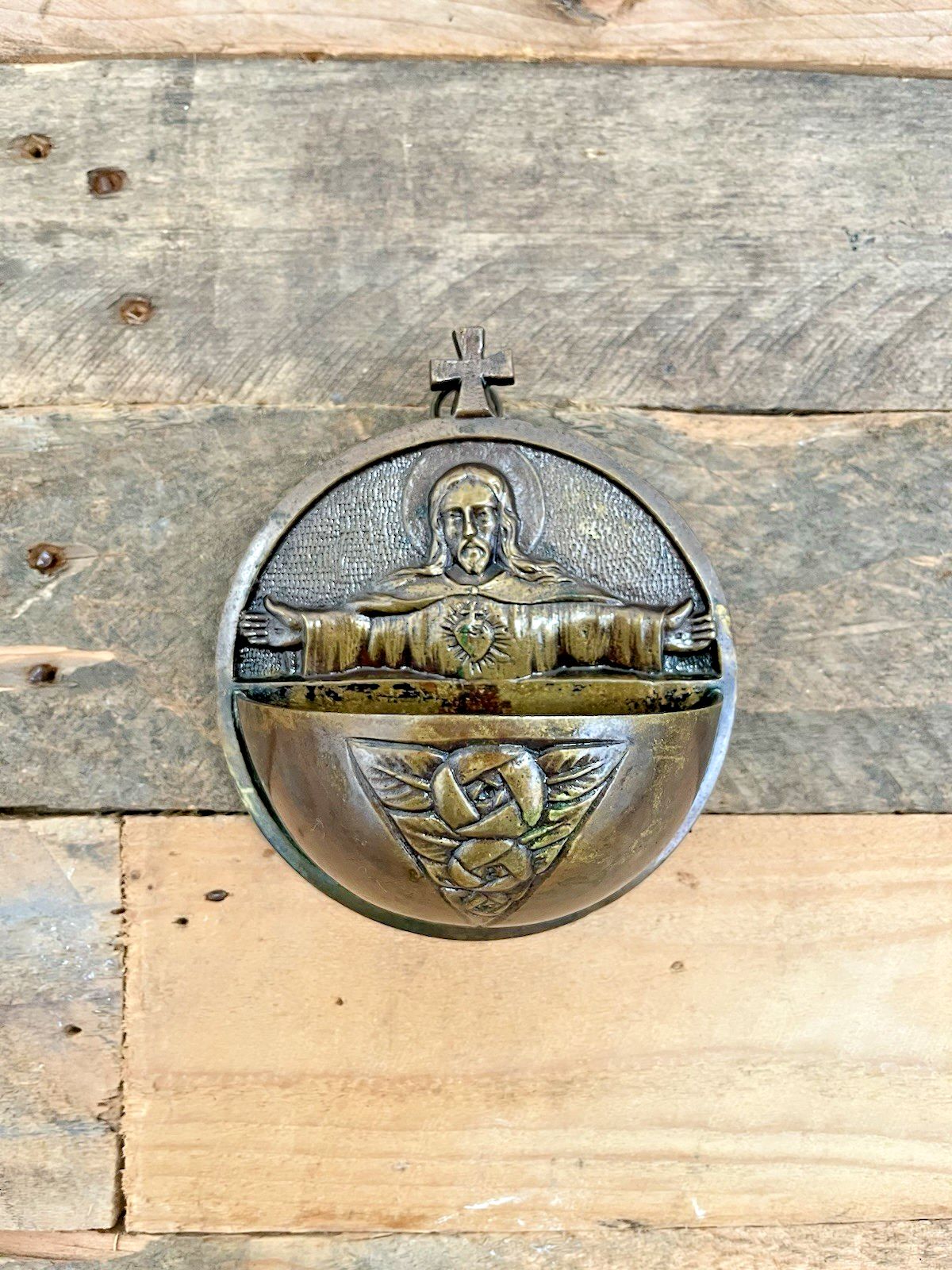 Art Art Deco Bronze Jesus Sacred Heart Holy Water Catholic Church Font Signed Hoffer photo