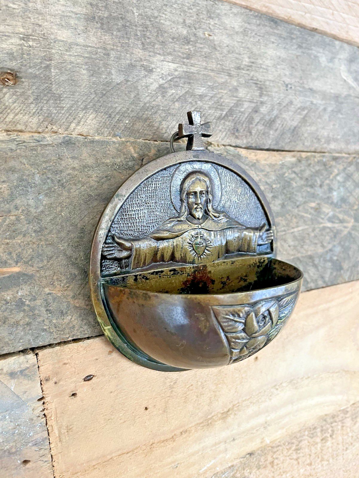 140.0 Art Deco Bronze Jesus Sacred Heart Holy Water Catholic Church Font Signed Hoffer photo