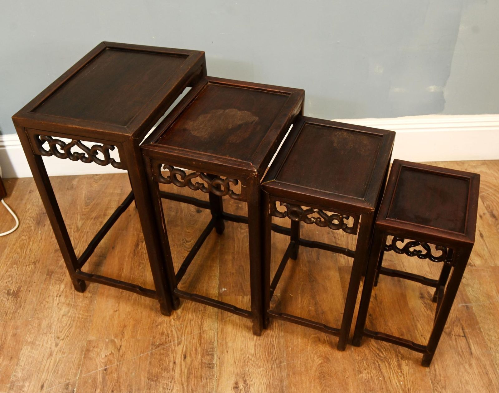 Set Four Chinese Style Graduated Nest Of Tables Carved Friezes Circa 1920 photo for sale