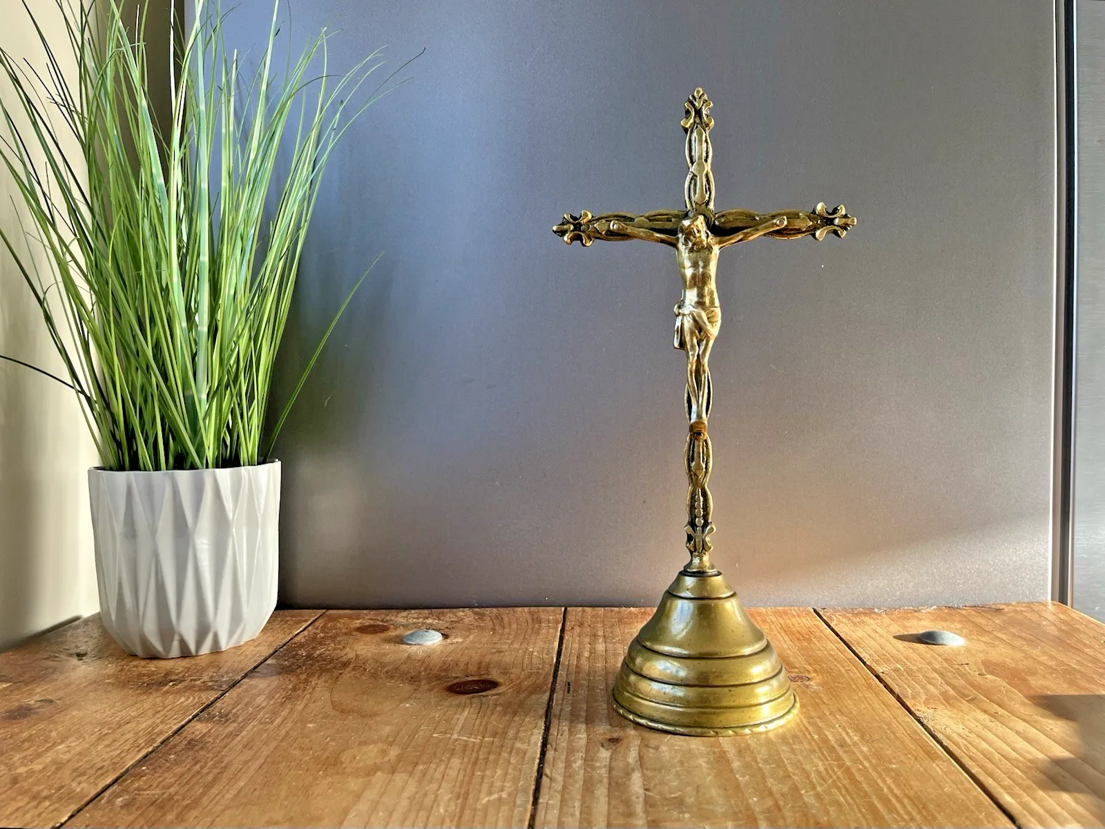 French Antique Art Deco Brass Freestanding Altar Crucifix Church Cross Jesus photo vintage