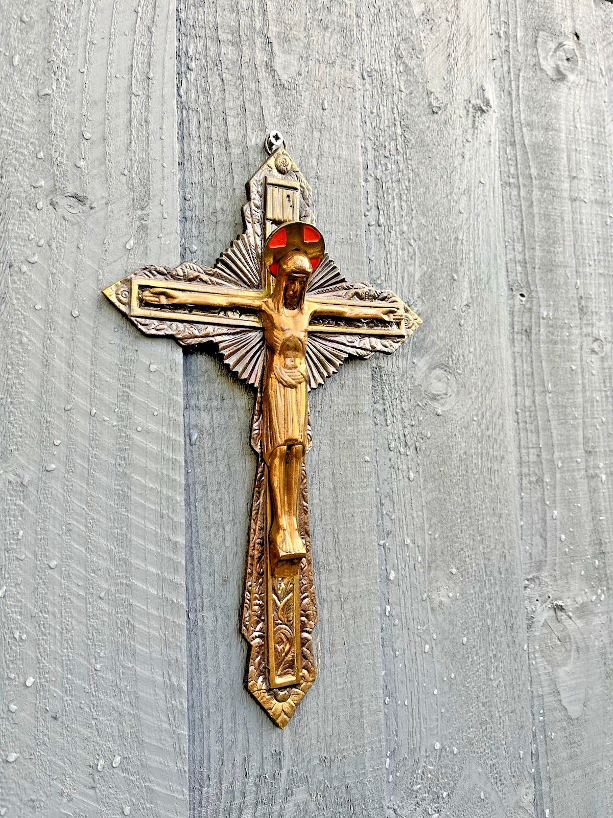 French Antique Art Deco Brass Bronzed Wall Hanging Crucifix Church Cross Jesus photo for sale