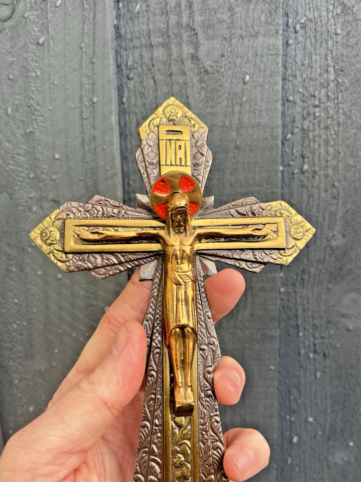 Art Deco Antique French Brass Bronzed Wall Hanging Crucifix Church Cross Jesus photo Art