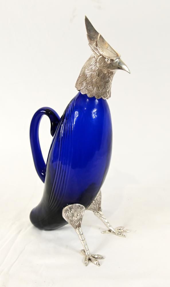 Silver Plate Hawk Decanter  Blue Glass Bird