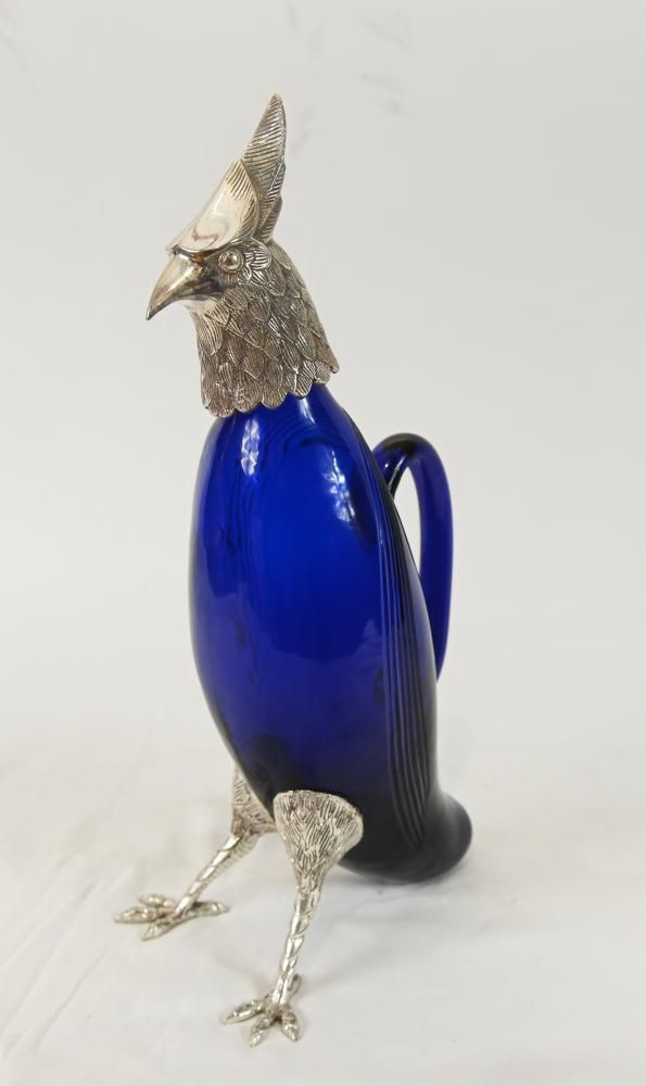 Silver Plate Hawk Decanter  Blue Glass Bird photo furniture
