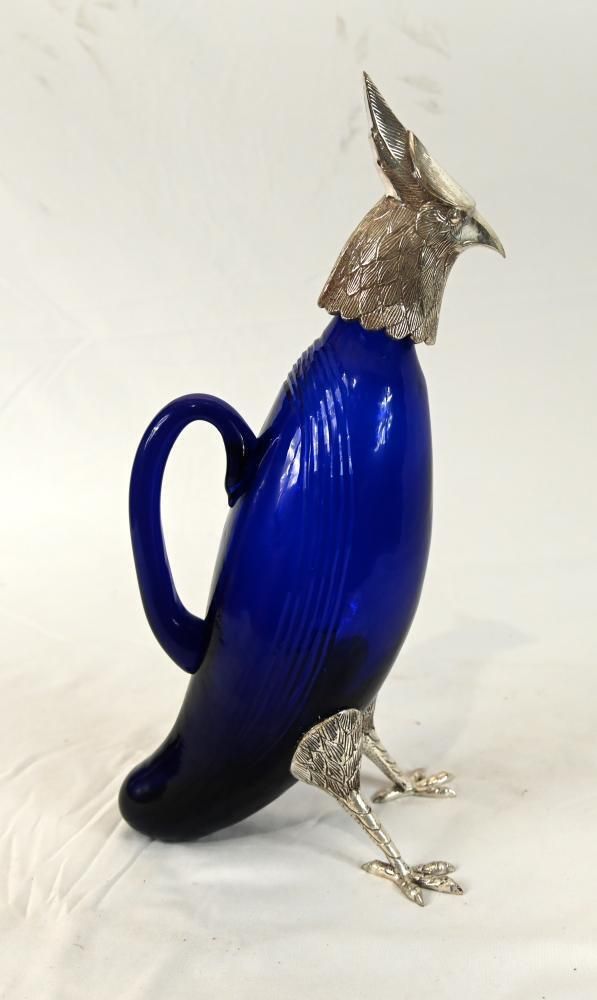 Silver Plate Hawk Decanter  Blue Glass Bird photo for sale