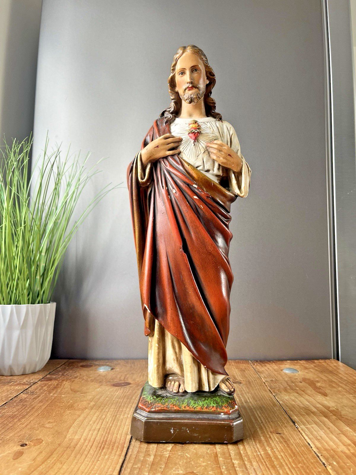 Antique 16" Plaster Chalkware Jesus Sacred Heart Religious Figurine Sculpture photo furniture