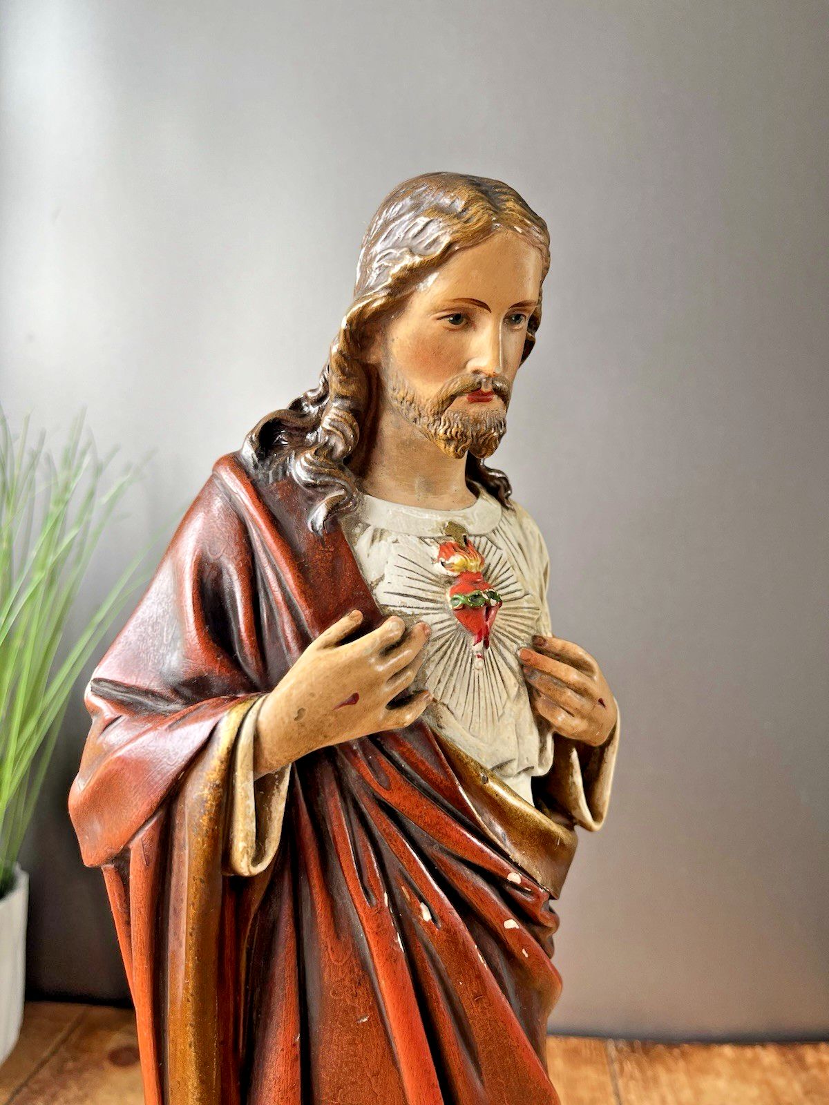 Antique 16" Plaster Chalkware Jesus Sacred Heart Religious Figurine Sculpture photo vintage