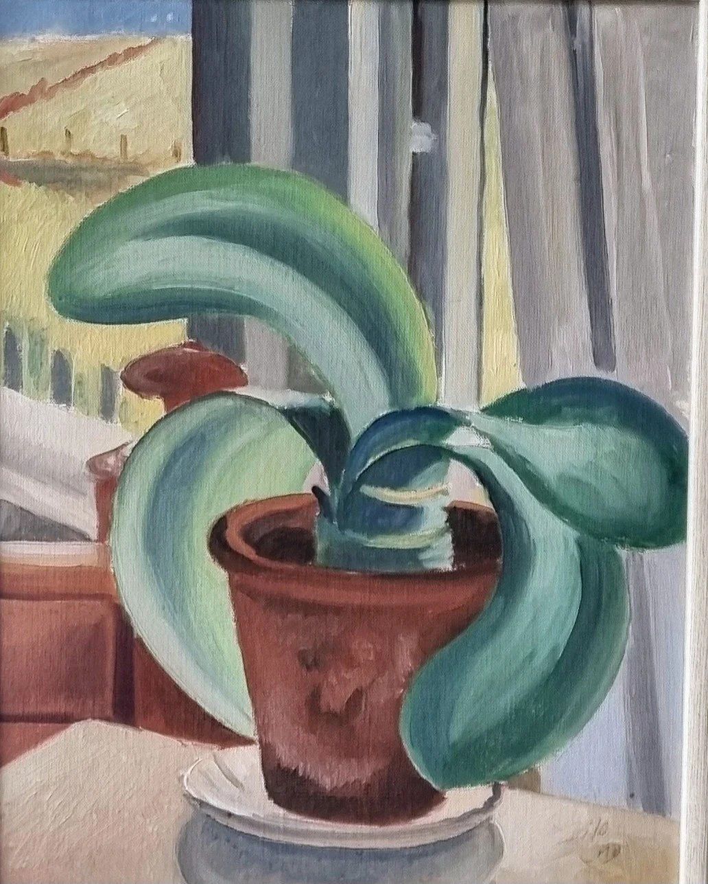 Original Framed Vintage Mid Century Swedish Still Life Plant Pot By The Window By Gunnar Zilo photo furniture