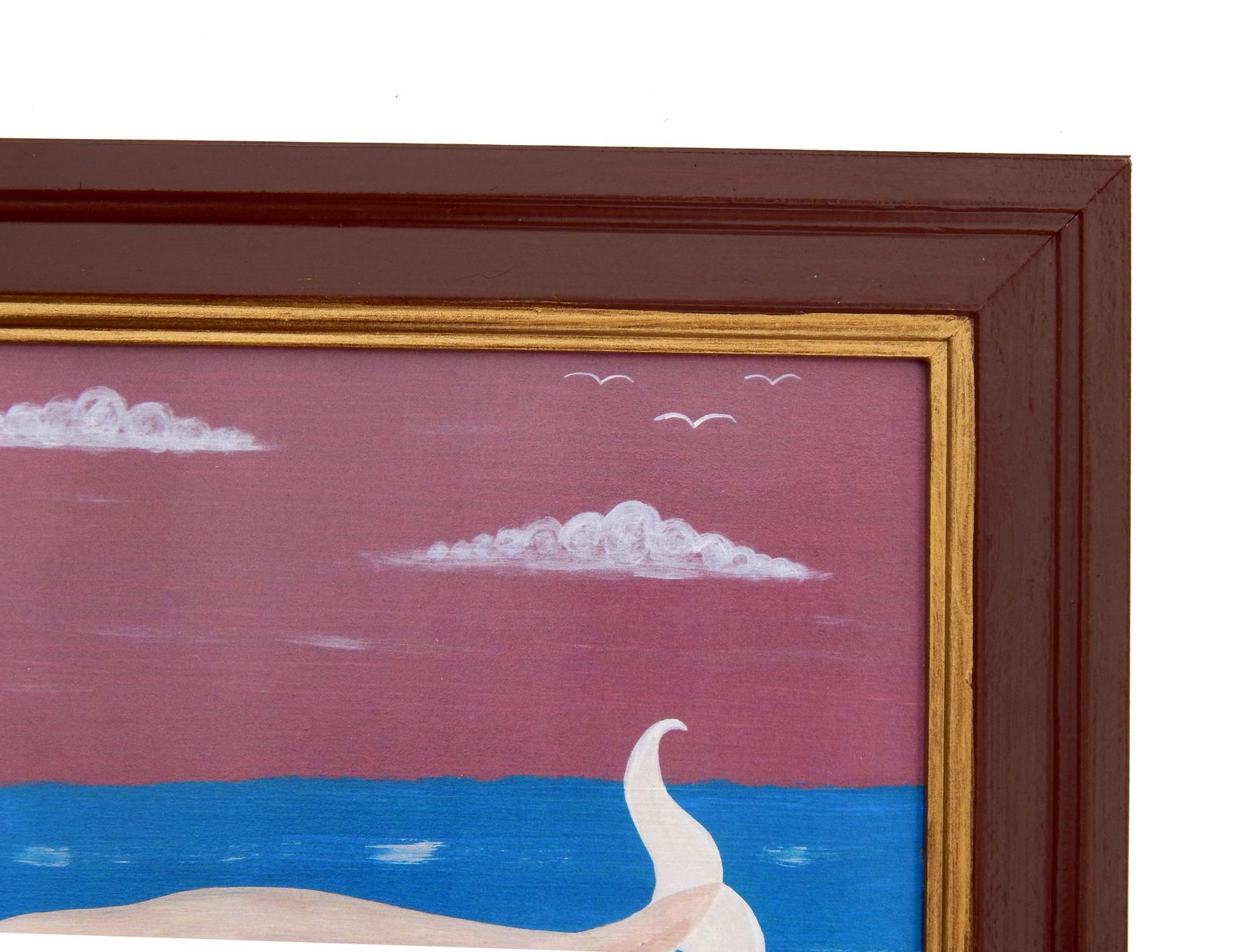 Naive Narwhal Whales Folk Art Print Early Steamship Hand Painted Frame photo for sale
