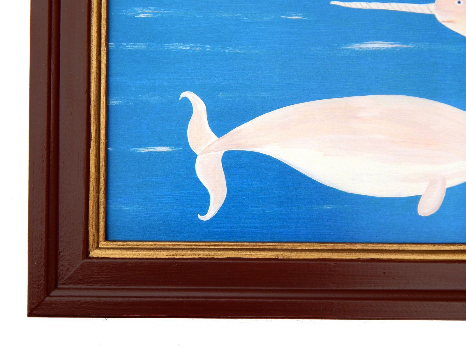 Naive Narwhal Whales Folk Art Print Early Steamship Hand Painted Frame photo 125.0