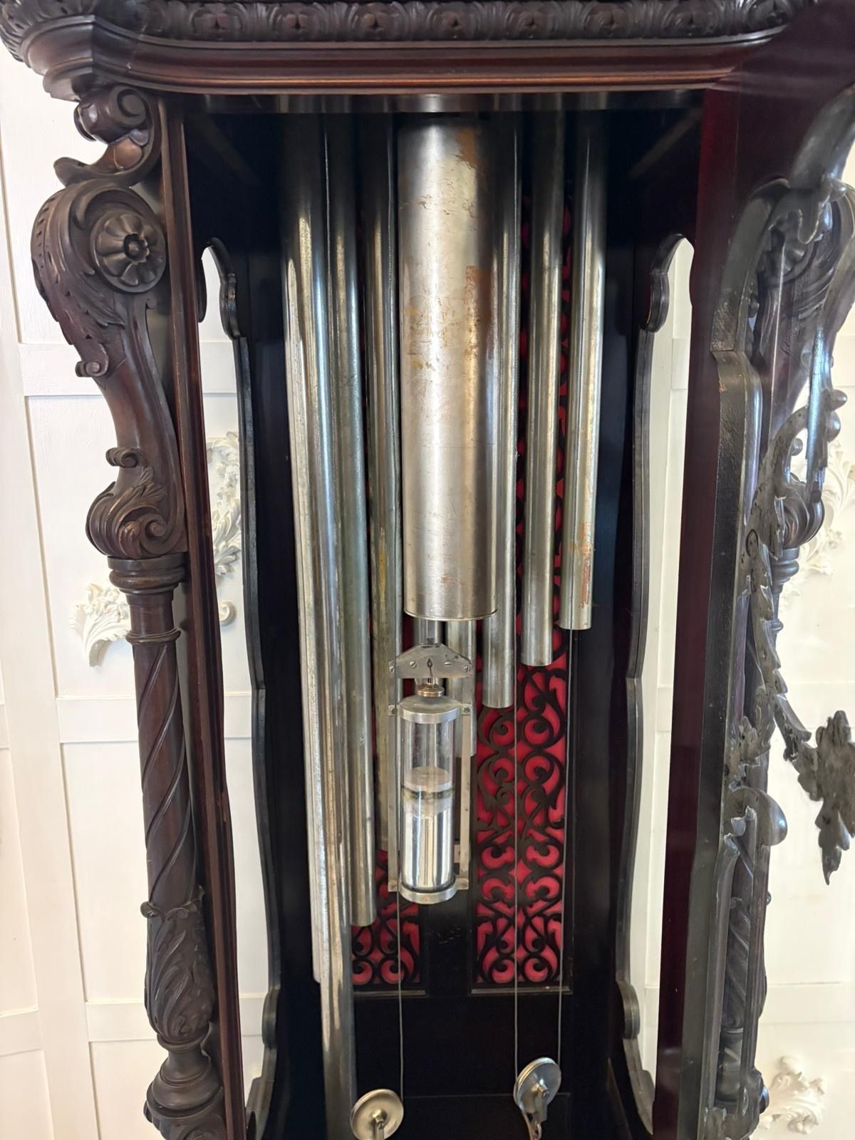 photo for sale Antique Exhibition Quality Carved Mahogany Nine Tube Chiming Longcase Clock