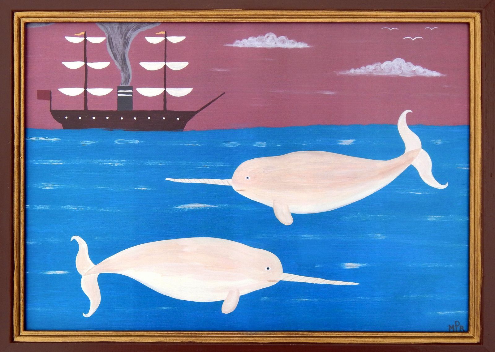 Naive Narwhal Whales Folk Art Print Early Steamship Hand Painted Frame photo buy