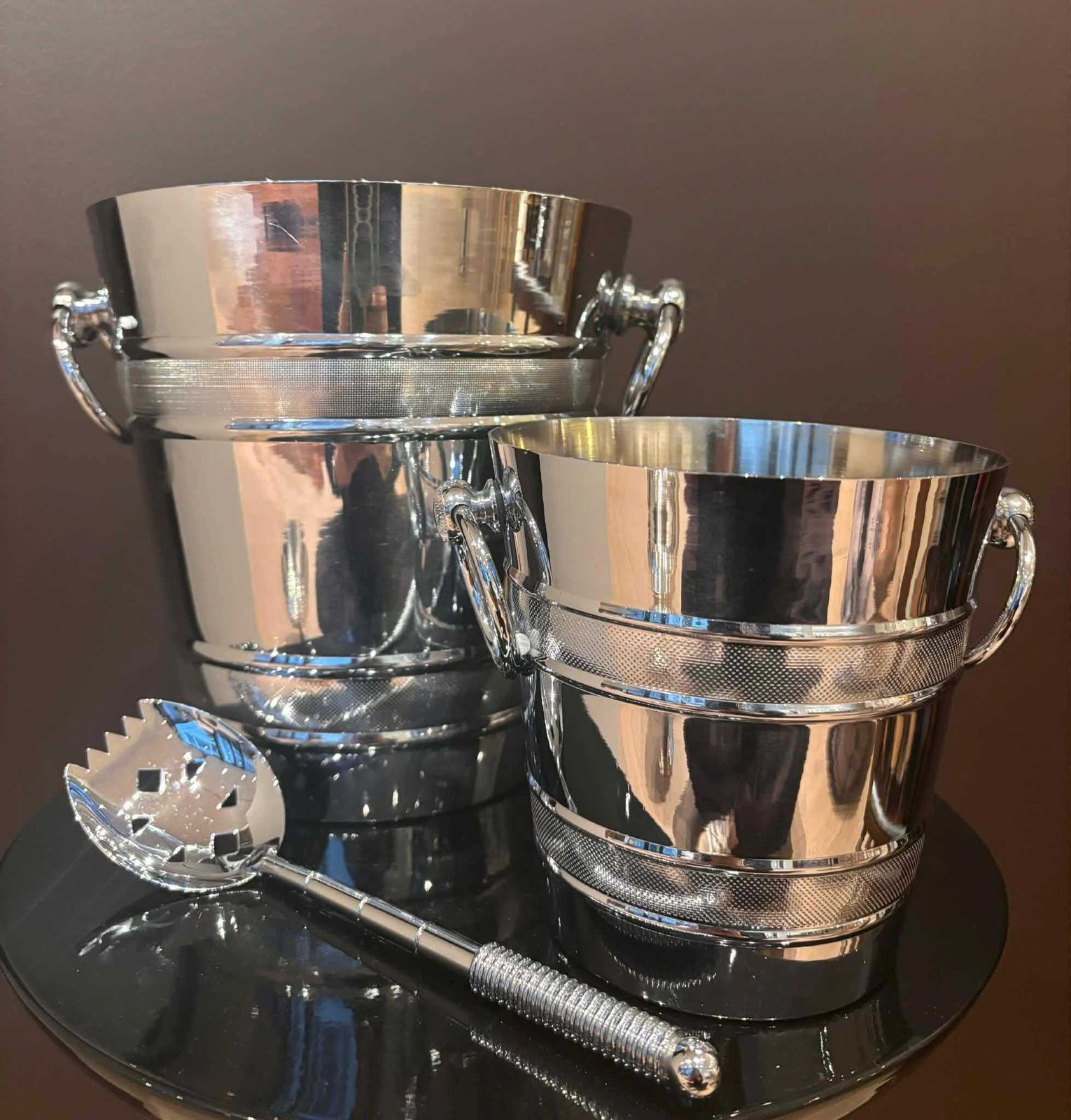 photo furniture Letang Remy Champagne Bucket & Ice Bucket Set: French Stainless Steel Barware